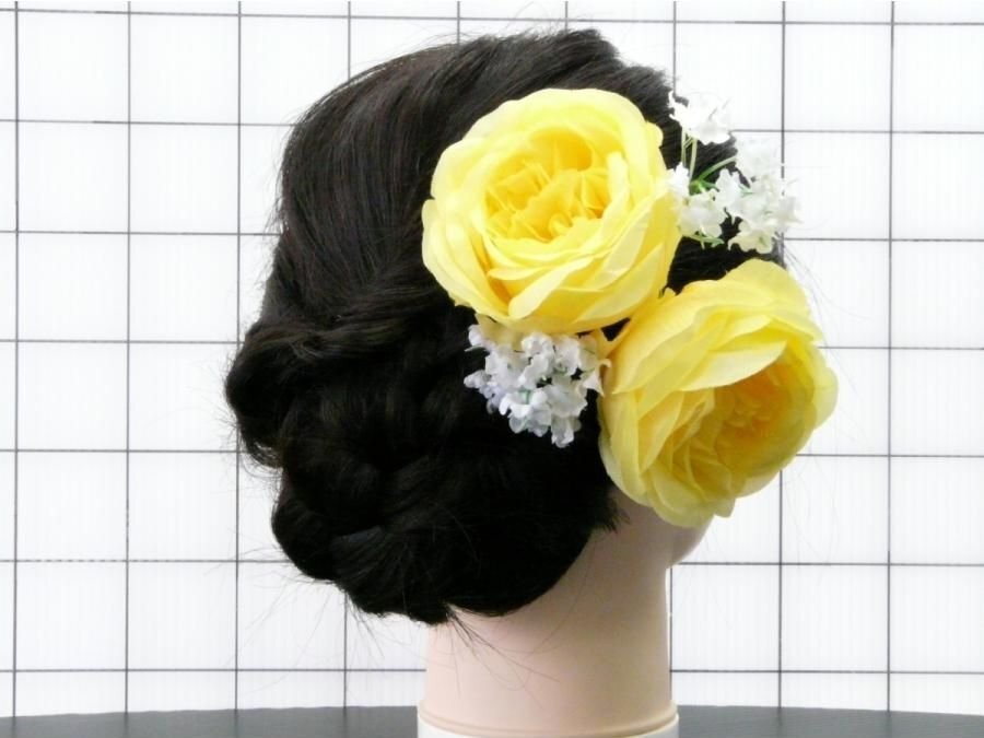 髪飾り 成人式 和装 花 薔薇 黄 コーム 017-01