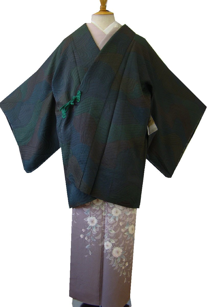 時代屋 美品 裄67.1cm 縮緬地 フクレ織 道中着 正絹 未使用 157cm～163cm Cs1394