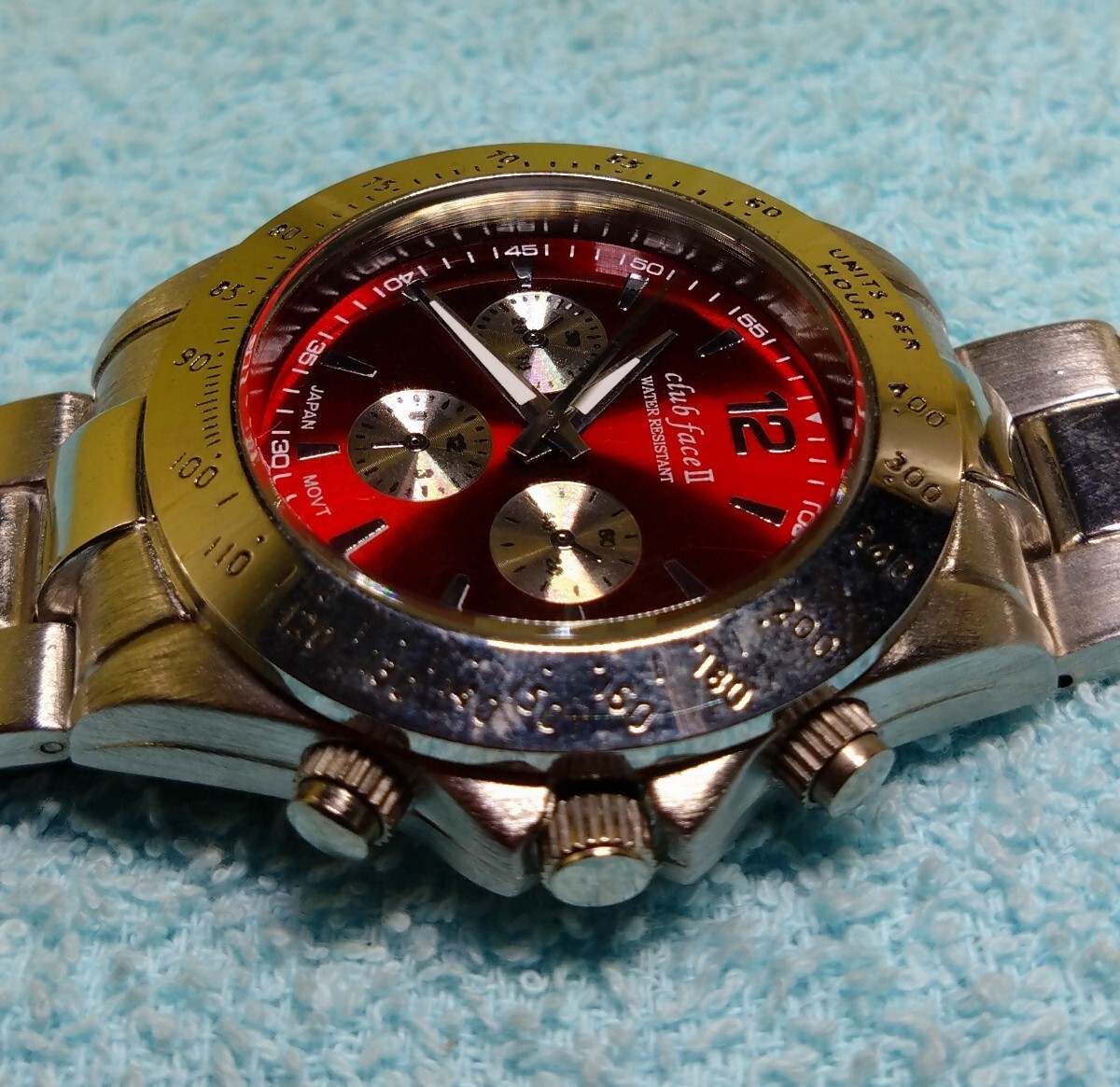 稼働品 cIub face　Ⅱ CF-1036　メンズ　 腕時計 クロノグラフ（飾り）クォーツ ラウンド型　赤文字盤　アナログ　3針　USED品