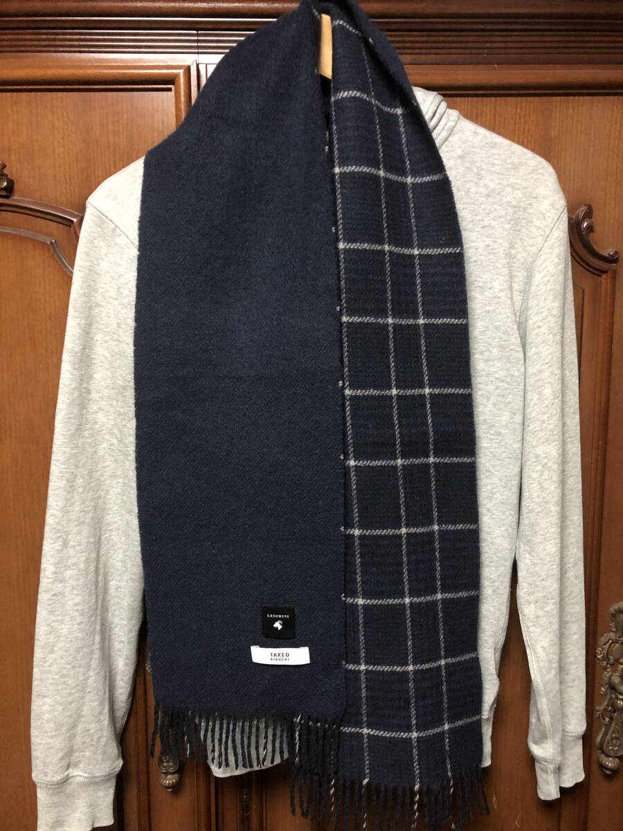 TAKEO KIKUCHI タケオキクチ カシミヤ マフラー◆チェック柄 無地 ネイビー系