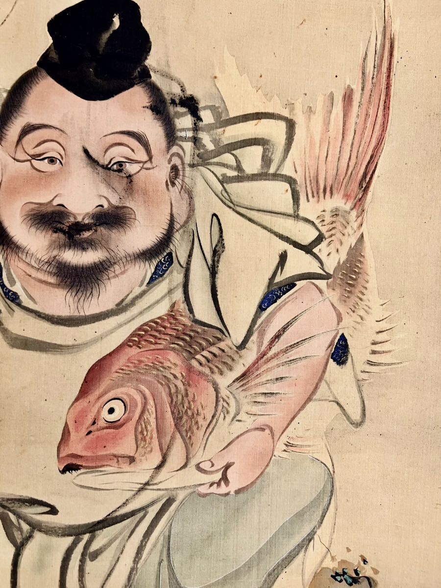 真作】【S8】長町竹石「恵比寿天図」絹本 肉筆 金泥 仏画 仏教