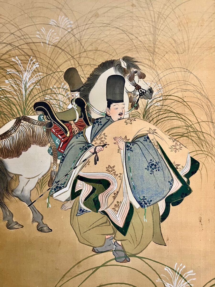 磯田長秋 衣川の役 歴史画 掛け軸 絹本 合わせ箱 書画、骨董品、美術