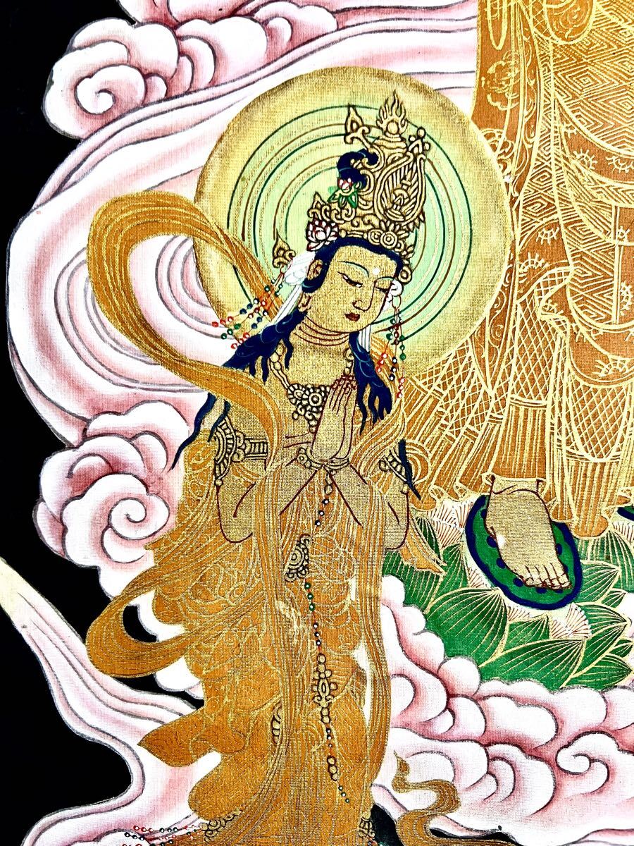 真作】【仙】奥村恭法「来迎佛之図」絹本 肉筆 共箱 紺紙金泥 真作】【仙】奥村恭法「来迎佛之図」絹本 肉筆 共箱 紺紙金泥
