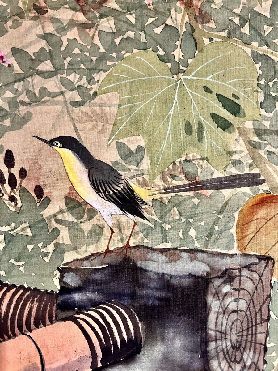 真作】【仙】菊池鴎江「秋草花黄鶺鴒之図」絹本 肉筆 合箱 花鳥