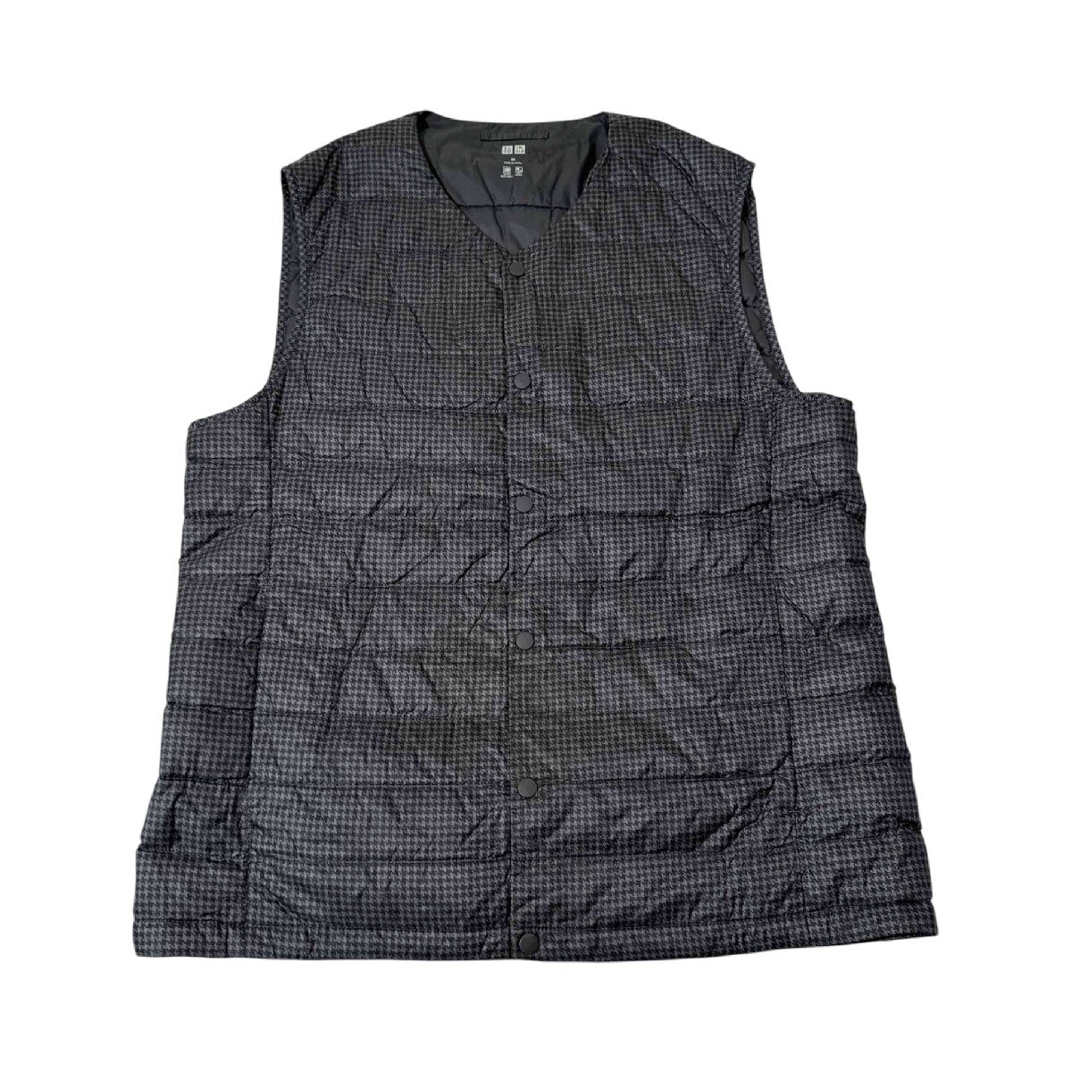 2WAY◆UNIQLO ユニクロ 千鳥格子柄 ウルトラライトダウン ノーカラー ダウンベスト Mサイズ/ダークグレー/メンズ