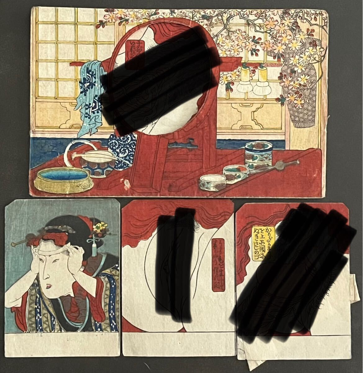 鶴】 大珍品!江戸時代 紙芝居(中身3枚)木版画 春画◯ 枕絵・艶 鶴】 大珍品!江戸時代 紙芝居(中身3枚)木版画 春画◯ 枕絵・艶