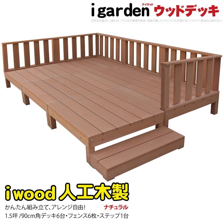 igarden アイウッドデッキ 13点セット（デッキ6・ローフェンス6・90ステップ1）1.5坪 ナチュラル 樹脂製 テラス バルコニー -6d6f1s