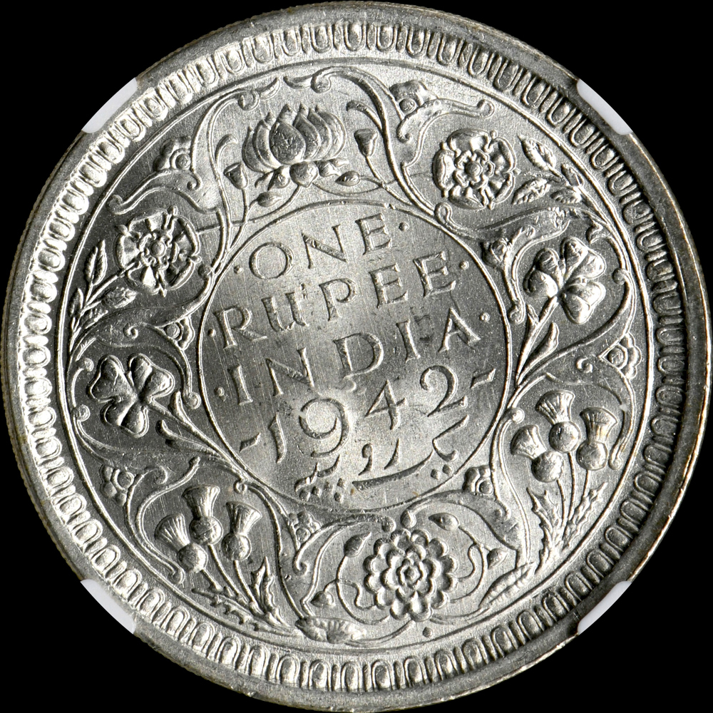☆土終 【NGC MS64】1942B インド Rupee銀貨 未使用+ //世界