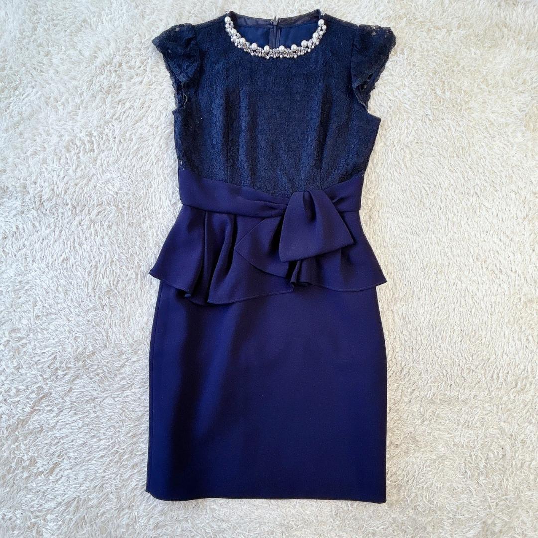 Apuweiser Luxe アプワイザーリュクス オケージョン レース フレンチスリーブ ドレス ペプラム風 ビーズ刺繍 結婚 パーティ 紺 Rstore45026