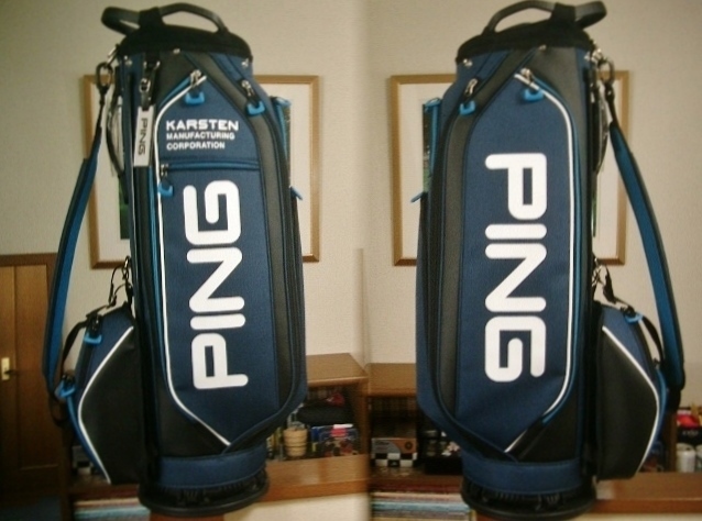 未使用　ＰＩＮＧ　ピン　ラウンド取っ手付き　異色モデル　フロントポケット上下可　紺白青　ゴルフバッグ