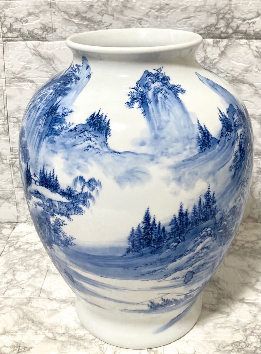 美品 有田焼】 起右衛門 山水染付 大壺 花瓶 高さ41.5cm 日本