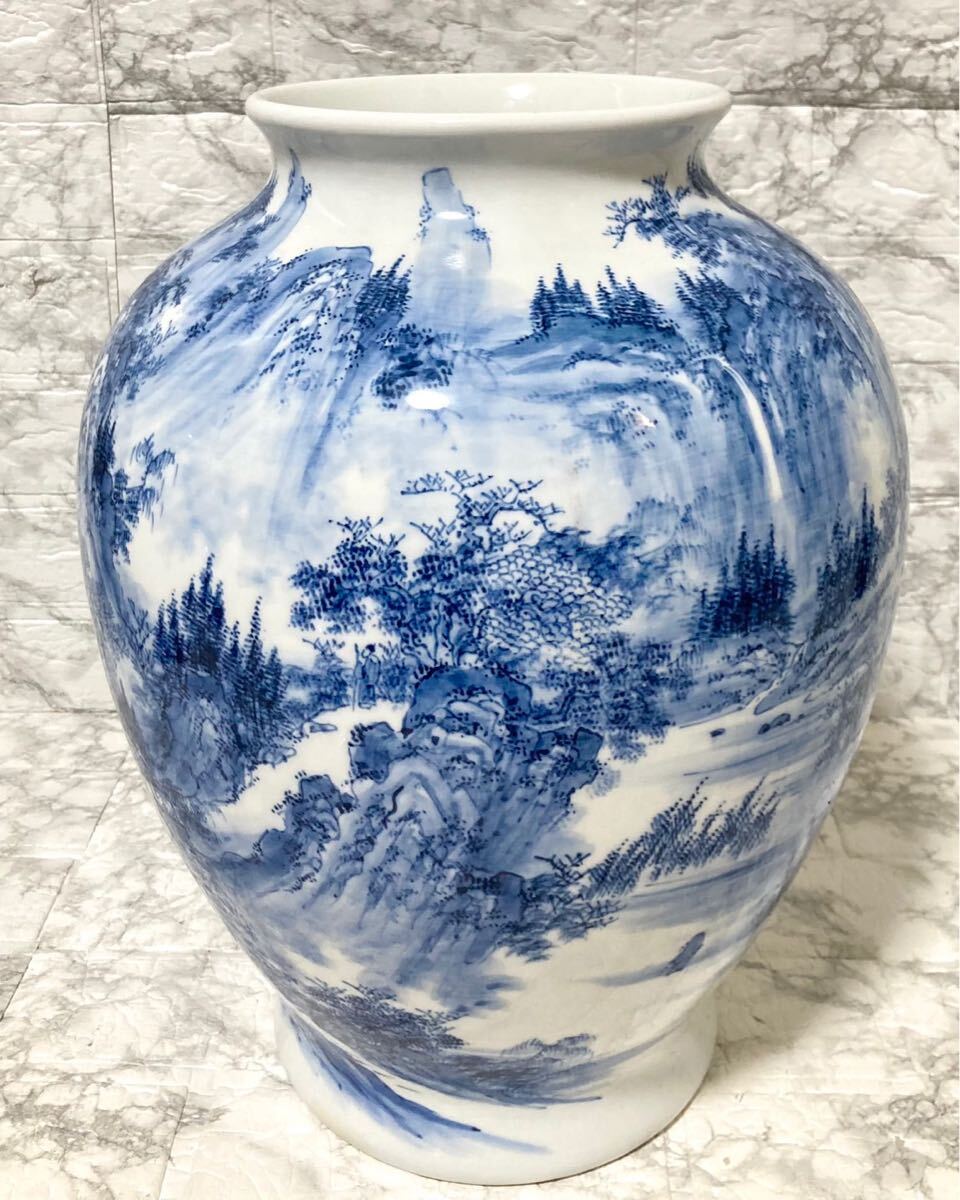 美品 有田焼】 起右衛門 山水染付 大壺 花瓶 高さ41.5cm 日本 美品 有田焼】 起右衛門 山水染付 大壺 花瓶 高さ41.5cm 日本