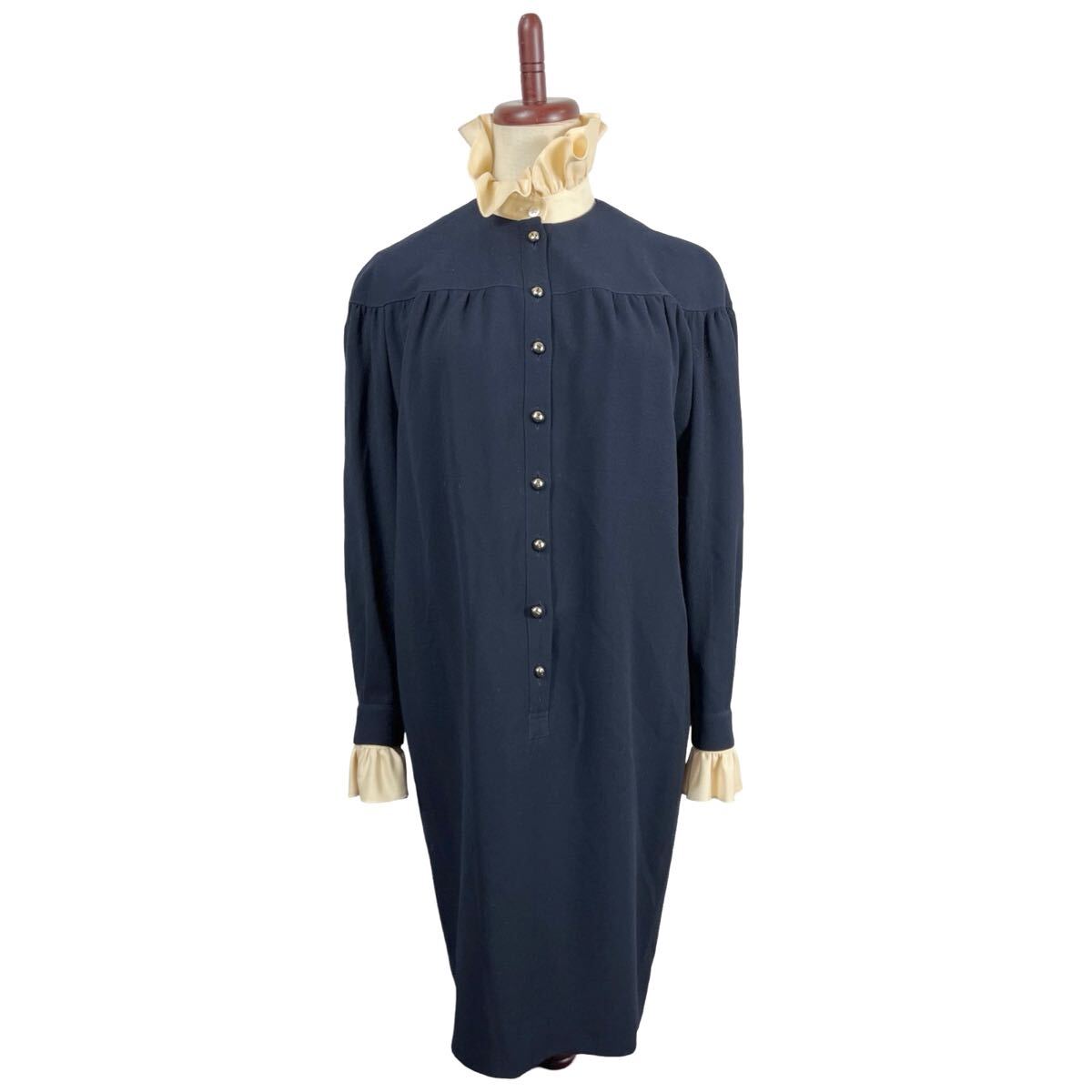 vintage miss ashida ヴィンテージ　ミスアシダ　首元フリル装飾　ネイビー　長袖　シャツワンピース_画像1