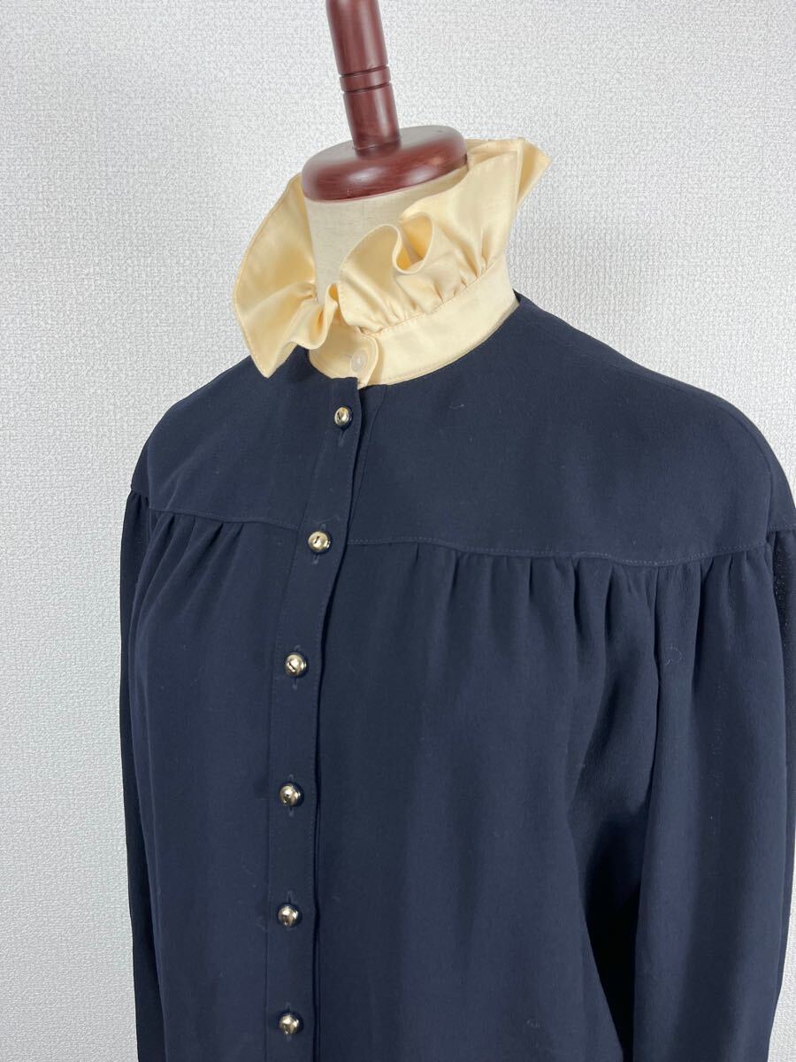 vintage miss ashida ヴィンテージ　ミスアシダ　首元フリル装飾　ネイビー　長袖　シャツワンピース_画像3