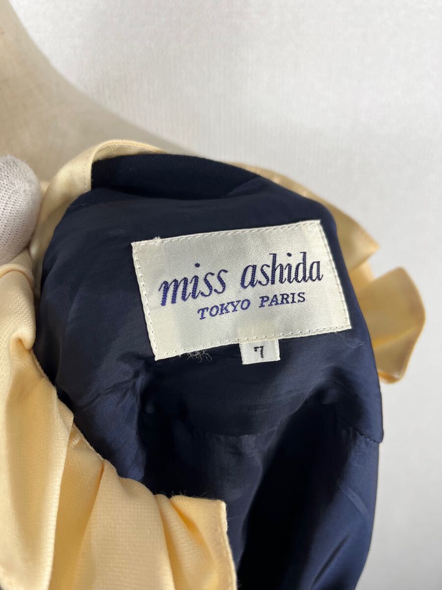 vintage miss ashida ヴィンテージ　ミスアシダ　首元フリル装飾　ネイビー　長袖　シャツワンピース_画像4