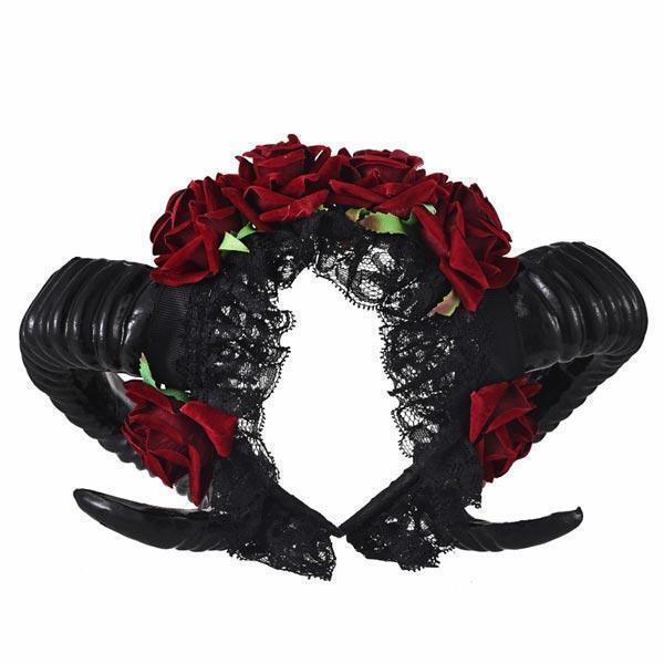 カチューシャ 羊 角 山羊 薔薇 バラ ヘアアクセサリー 悪魔 k-1