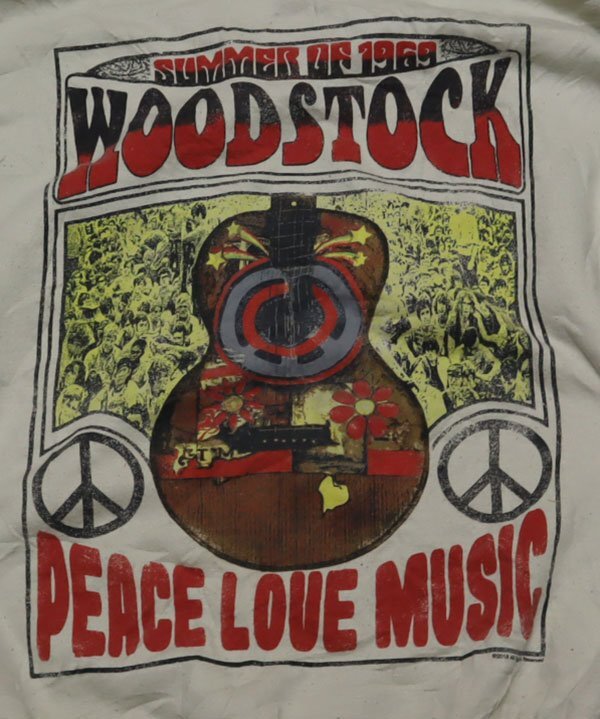 SW92スウェットUNKNOWNアメリカ古着ウッドストックWOOD STOCKベージュ系PEACE LOVE MUSICフェスSUMMER OP1969復刻プリントLビッグサイズ