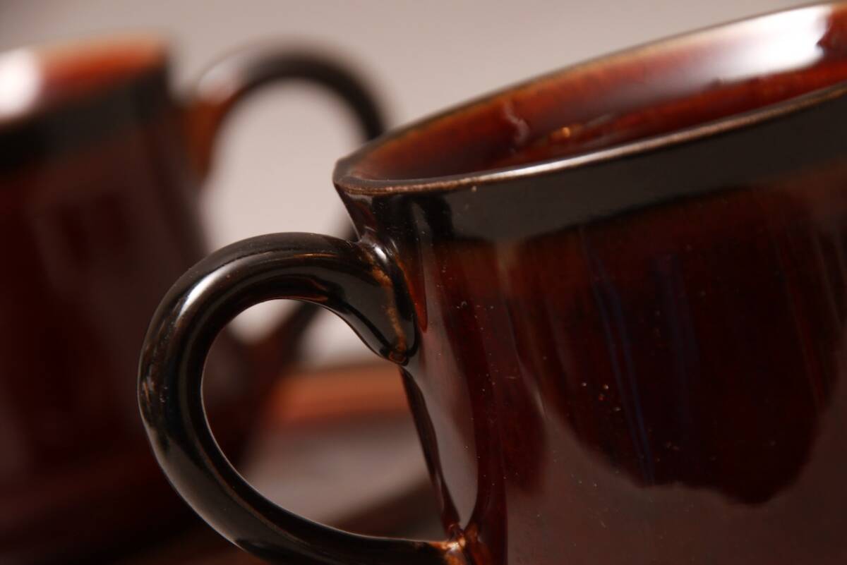 昭和レトロ/カップ &ソーサー/JAPAN/STONEWARE/茶色/レトロ/カフェ/ヴィンテージ/レア/2客/70S_画像9