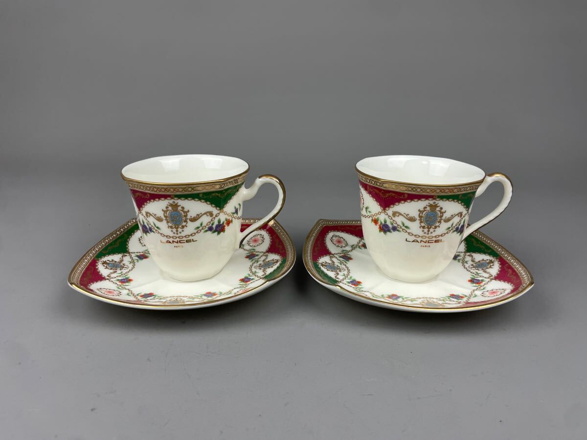 高級洋食器 ランセル LANCEL カップ&ソーサー2客セット ティーカップ コーヒーカップ 兼用 金彩 花柄 ペア アンティーク