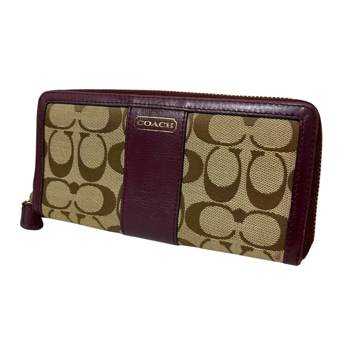 COACH コーチ 長財布 ロングウォレット ベージュ オプティックシグネチャー パープル レザー ラウンドファスナー