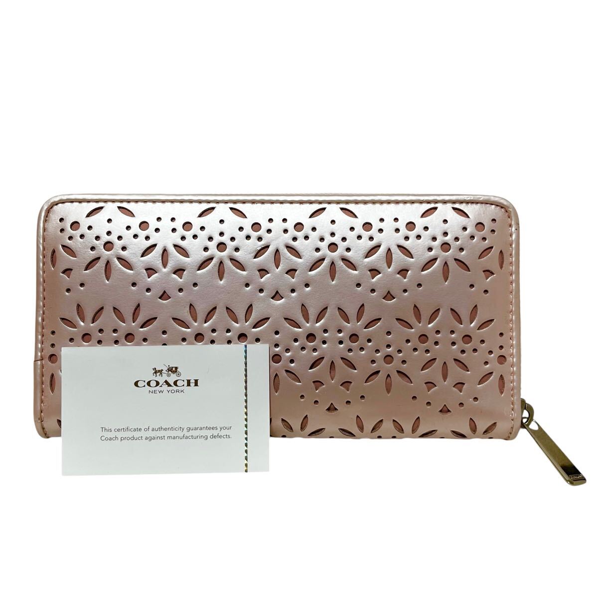 COACH コーチ 長財布 ロングウォレット メタリックピンク パンチドレザー 花柄 ラウンドファスナー