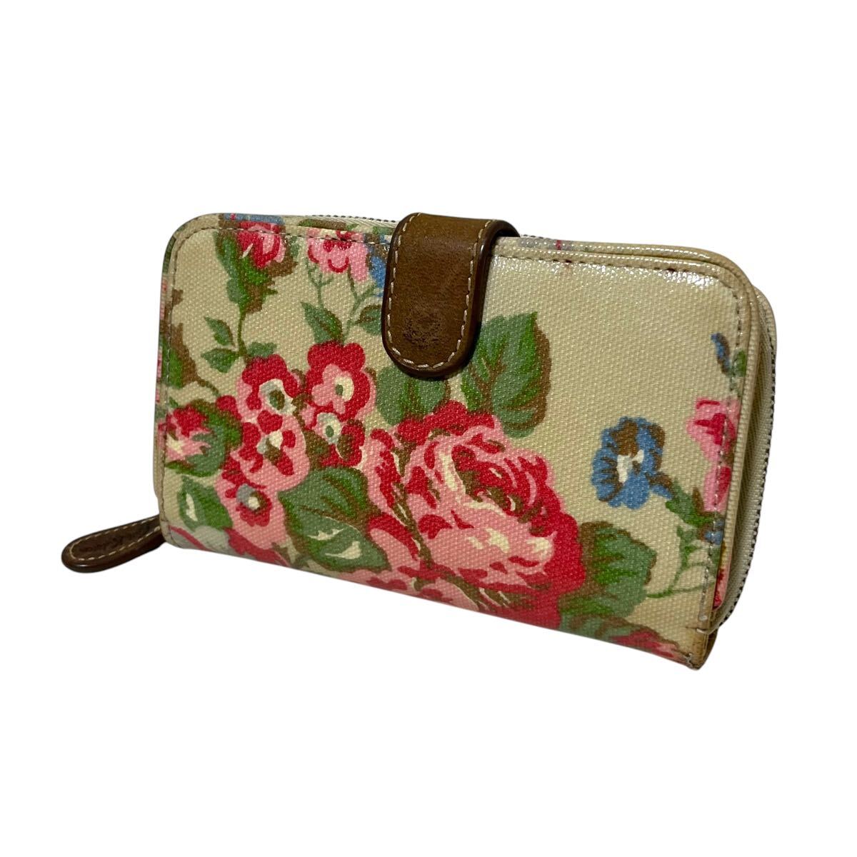 Cath Kidston キャスキッドソン 長財布 ウォレット ベージュ 花柄 キャンバス生地 ラウンドファスナー 小銭入れ付き