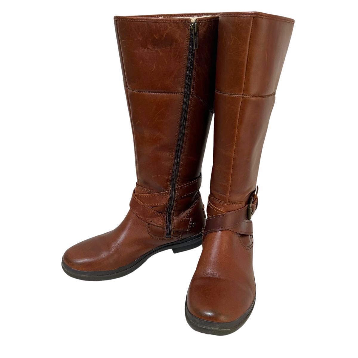 ※BT3 UGG(アグ) レザーロングブーツ ボア サイドジップ 防水 ブラウン 24cm