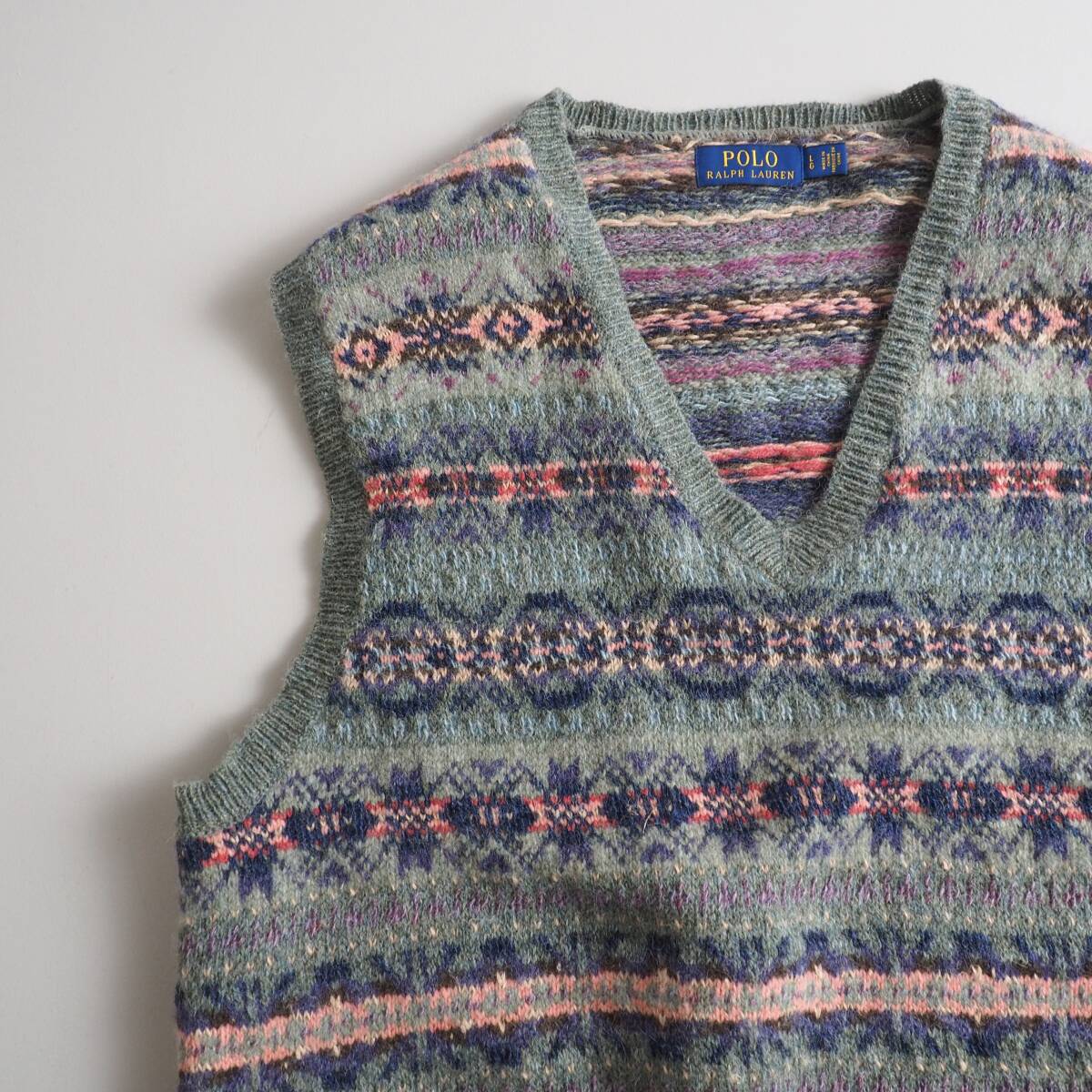 ラルフローレン　ウール素材　ベスト　ニット　総柄　グリーン　美品 ラルフローレン Ralph Lauren ウール素材 ベスト ニット 総柄