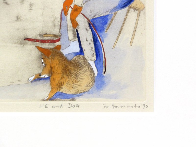 GINZA絵画館】山本容子 銅版画「HE and DOG」水彩手彩色 GINZA絵画館】山本容子 銅版画「HE and DOG」水彩手彩色