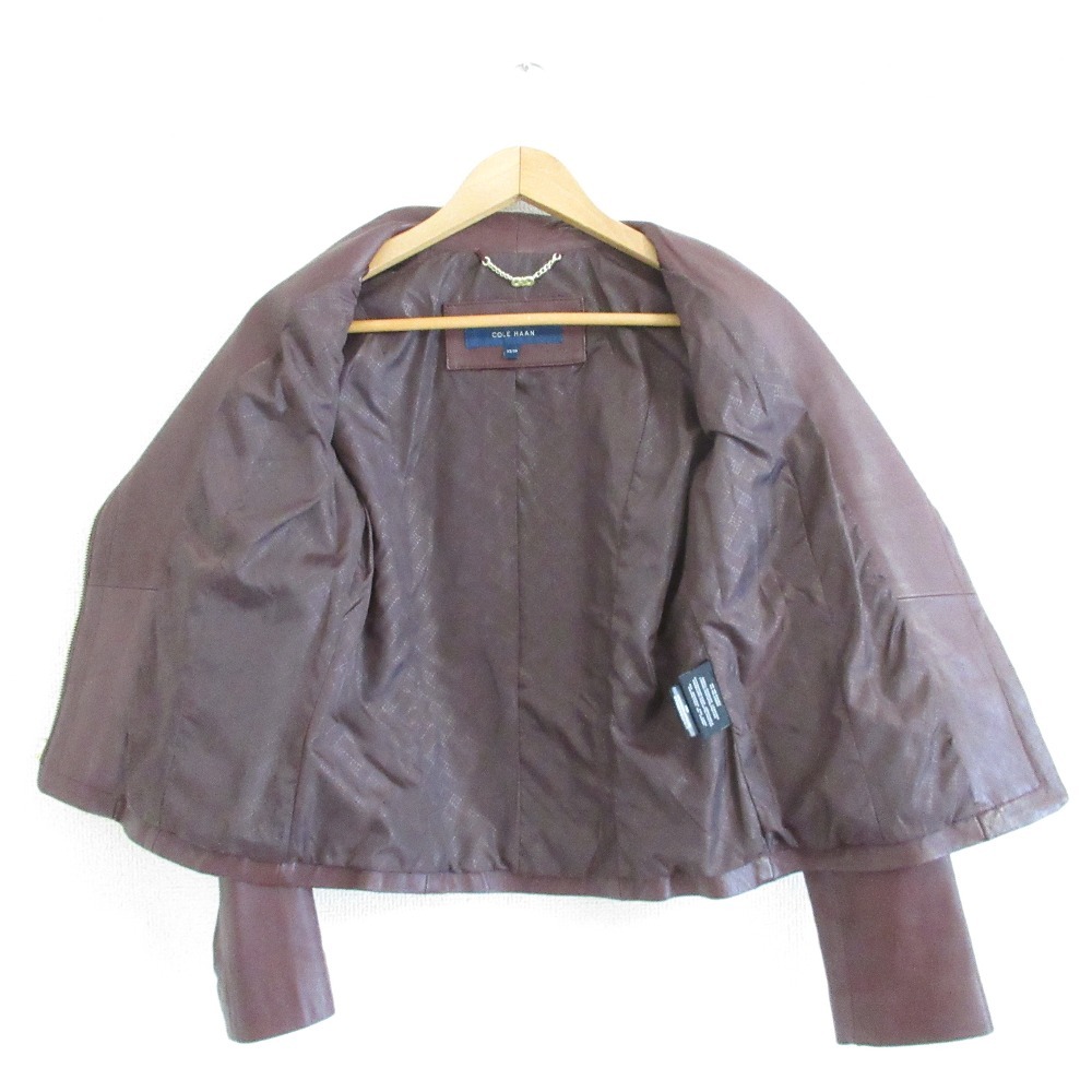 美品 COLEHAAN コールハーン アシンメトリー カラー ジャケット ゴートレザー ライダース ブルゾン T10097 小さいサイズ XS ブラウン系
