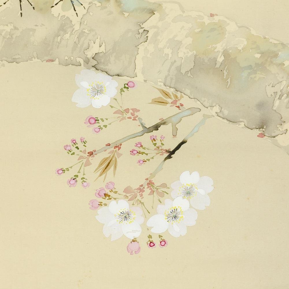 真作】【WISH】五島耕畝「陽春」日本画 掛軸 絹本 共箱 ◇桜に小 真作】【WISH】五島耕畝「陽春」日本画 掛軸 絹本 共箱 ◇桜に小
