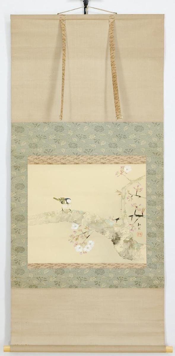 真作】【WISH】五島耕畝「陽春」日本画 掛軸 絹本 共箱 ◇桜に小 真作】【WISH】五島耕畝「陽春」日本画 掛軸 絹本 共箱 ◇桜に小