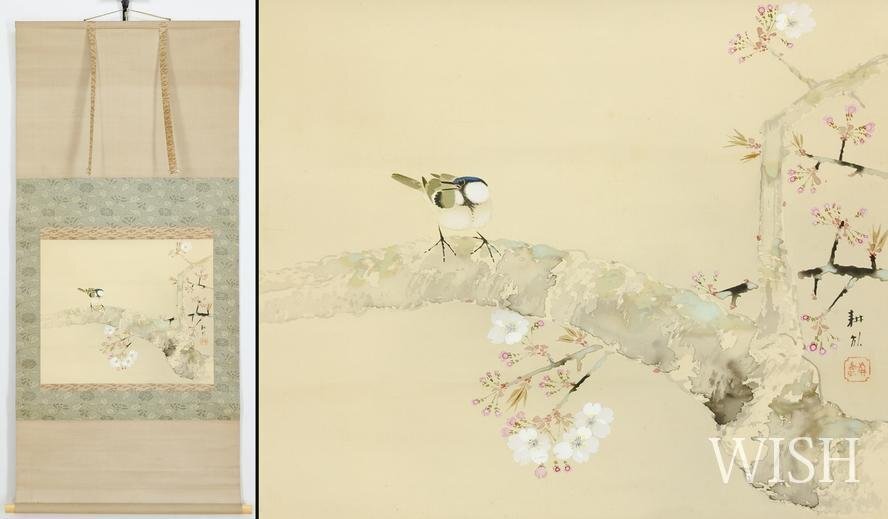 真作】【WISH】五島耕畝「陽春」日本画 掛軸 絹本 共箱 ◇桜に小 真作】【WISH】五島耕畝「陽春」日本画 掛軸 絹本 共箱 ◇桜に小