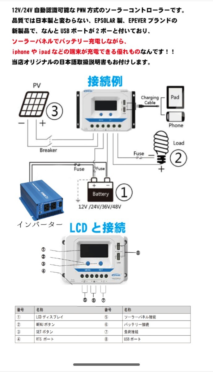 カウスメディア 12v 24v 30A VS3024 ソーラーチャージコントローラー USB_画像5
