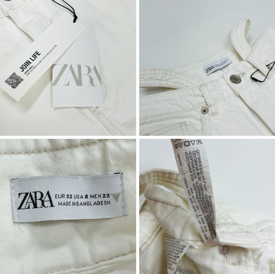 ZARA /32/ ホワイト デニム ジーンズ レディース タグ付き 通勤 大人可愛い 生地 コットン ブラックロゴ アウトドア キャンプ バイク ザラ