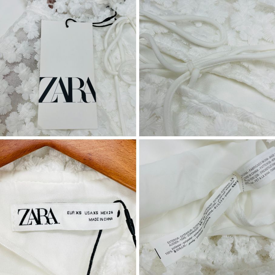 ZARA /XS/ ホワイト 長袖ワンピース ドレス レース 花柄刺繍 レディース タグ付き 通勤 フェミニン 大人可愛い生地 ガーリー デイリー ザラ