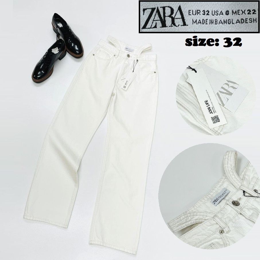 ZARA /32/ ホワイト デニム ジーンズ レディース タグ付き 通勤 大人可愛い 生地 コットン ブラックロゴ アウトドア キャンプ バイク ザラ