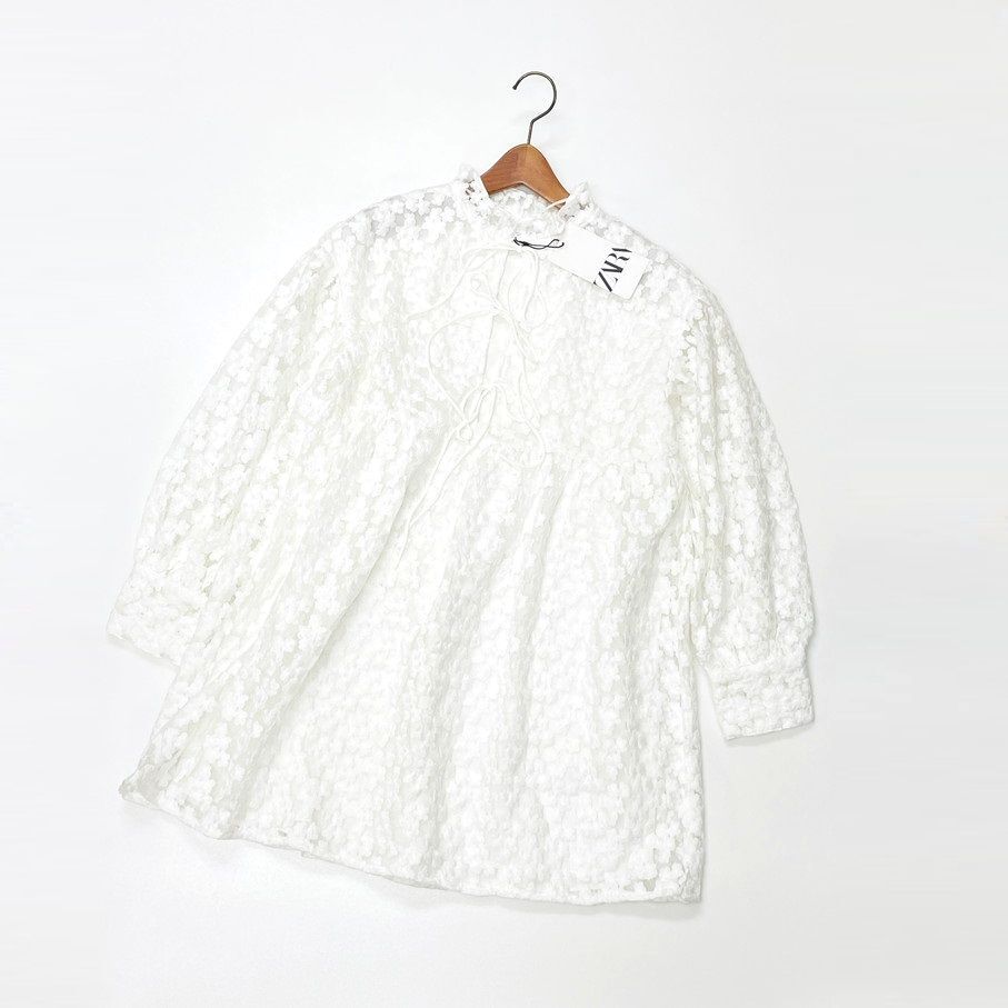 ZARA /XS/ ホワイト 長袖ワンピース ドレス レース 花柄刺繍 レディース タグ付き 通勤 フェミニン 大人可愛い生地 ガーリー デイリー ザラ