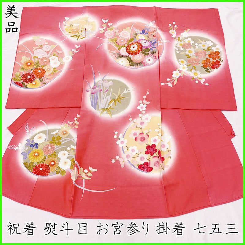 ◎お宮参り 女児 祝い着 掛け着 産着 熨斗目 桜梅菖蒲 やや淡い唐紅花◎美品 501ax19
