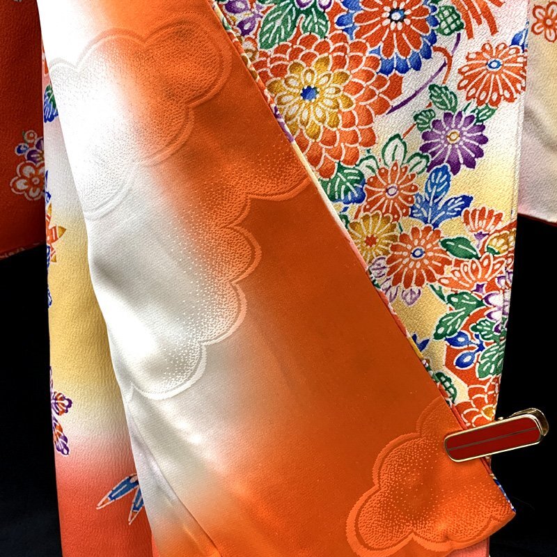 □きものマーチ□七五三 七歳 女児 著物&袋帯 紅型風 型染 赤系□美品 501ag89