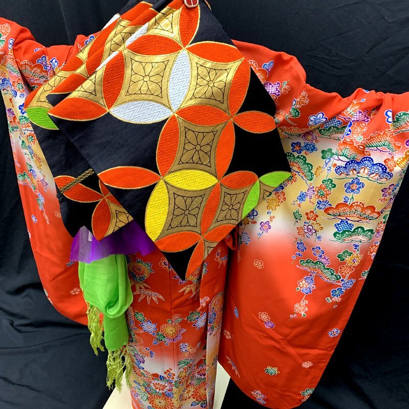 □きものマーチ□七五三 七歳 女児 著物&袋帯 紅型風 型染 赤系□美品 501ag89
