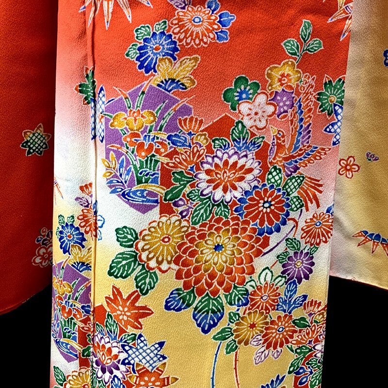 □きものマーチ□七五三 七歳 女児 著物&袋帯 紅型風 型染 赤系□美品 501ag89
