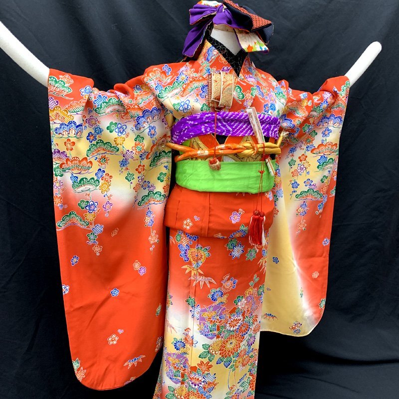 □きものマーチ□七五三 七歳 女児 著物&袋帯 紅型風 型染 赤系□美品 501ag89