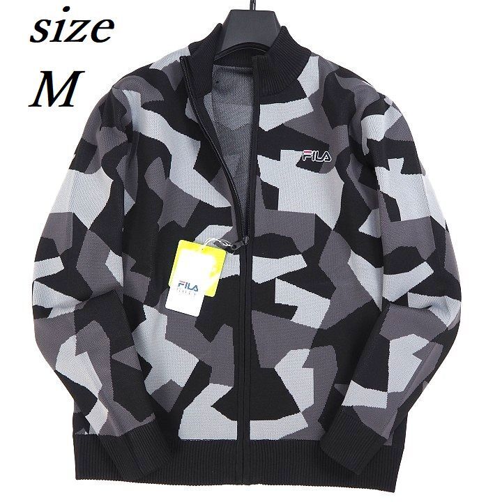 R725 新品 FILA GOLF フィラ ゴルフ 総柄 フルジップ ニット ブルゾン ジャケット ブラック/グレー M