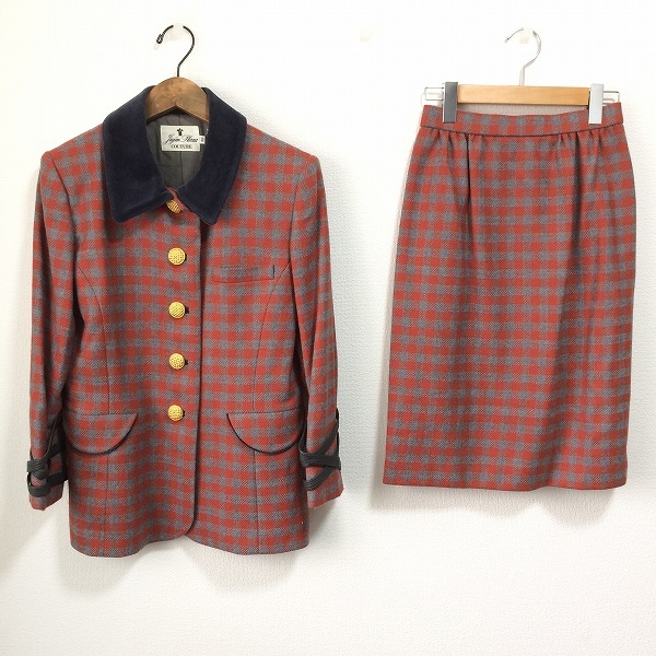 #wnc 十仁プラザ JujinPlaxaCOUTURE スカートスーツ 38 オレンジ グレー ツーピース チェック柄 金ボタン タイト レディース [915137]