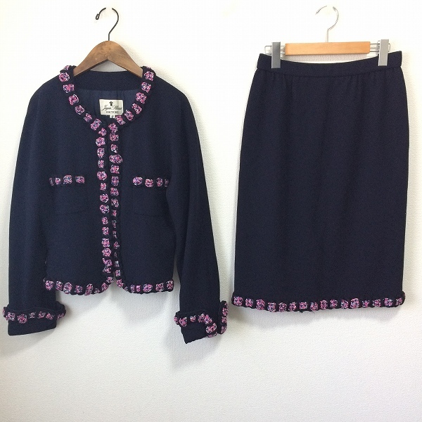 #anc 十仁プラザ JujinPlaxaCOUTURE スカートスーツ ツーピース 42 紺 ピンク 大きいサイズ シルク ノーカラー レディース [919629]