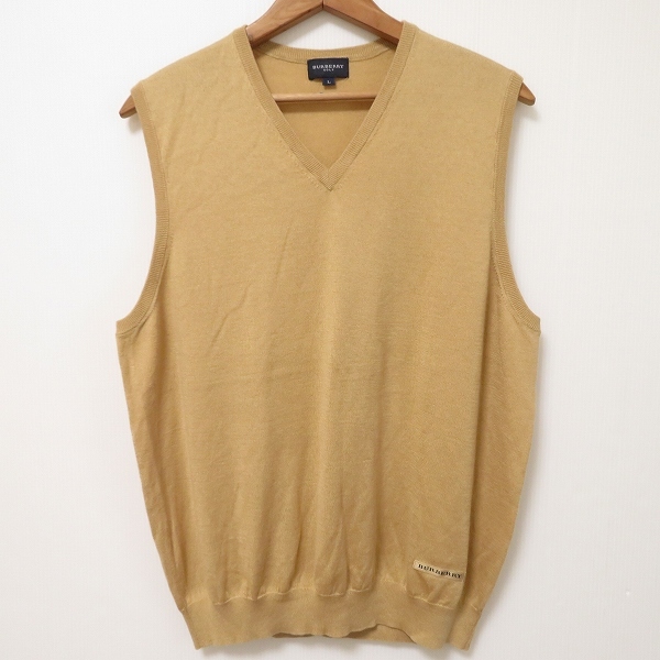 #wnc バーバリー ゴルフ BURBERRY GOLF ベスト ジレ ニット L ベージュ シルク混 カシミア混 V字ネック ロゴ シンプル メンズ [927500]