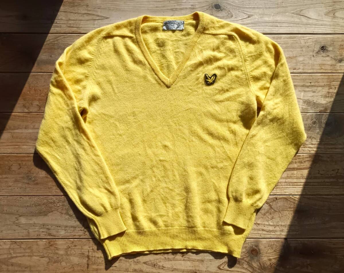 送料無料♪スコットランド製Lyle&Scott カシミアセーター Vネック size 42 クリームイエロー 100% CASHMERE ライルアンドスコット 古着