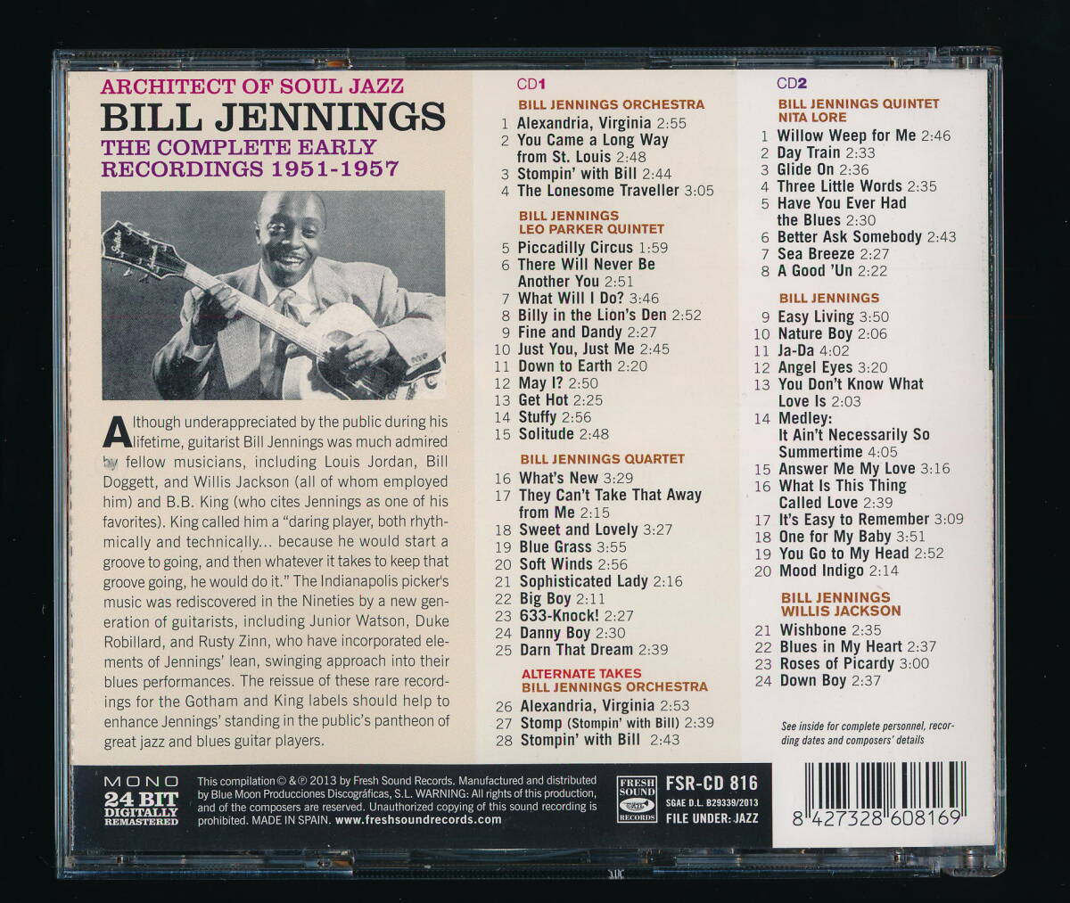 *2CD*BILL JENNINGS*ARCHITECT OF SOUL JAZZ*THE COMPLETE EARLY RECORDINGS 1951-1957*2013 год зарубежная запись *FRESH SOUND FSR-CD 816*