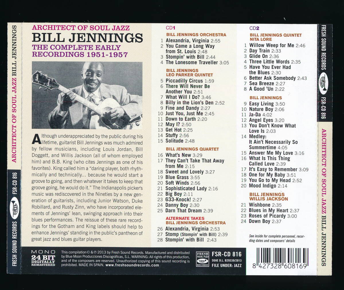 *2CD*BILL JENNINGS*ARCHITECT OF SOUL JAZZ*THE COMPLETE EARLY RECORDINGS 1951-1957*2013 год зарубежная запись *FRESH SOUND FSR-CD 816*
